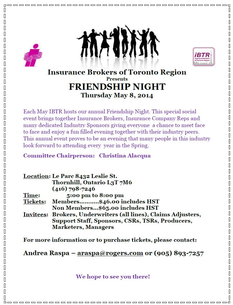 Insurance Brokers of Toronto Region (IBTR) Presents FRIENDSHIP NIGHT  Thursday May 8, 2014 Image