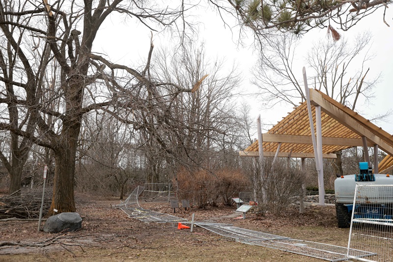 A heavily damaged pavilion in Barrie, Ont. following an ice storm
