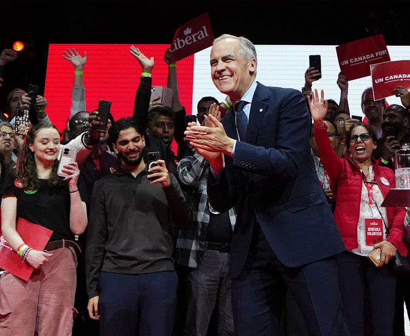 Prime Minister Mark Carney arrives on stage at his campaign headquarters in Ottawa after the Liberal party won the federal election on Tuesday, April 29, 2025. THE CANADIAN PRESS/Justin Tang