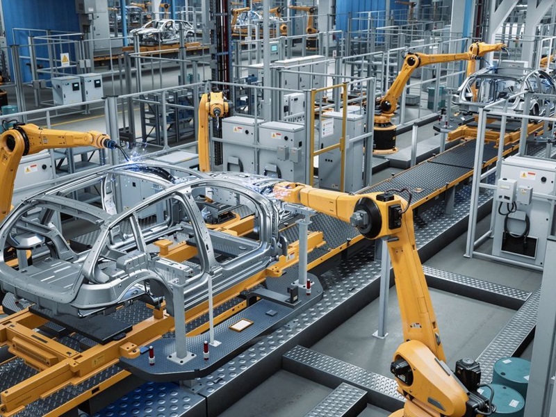 Automated robot arm on an auto manufacturing assembly line.