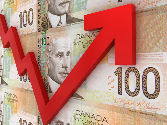 Canada dollar salary background with red arrow pointing upward