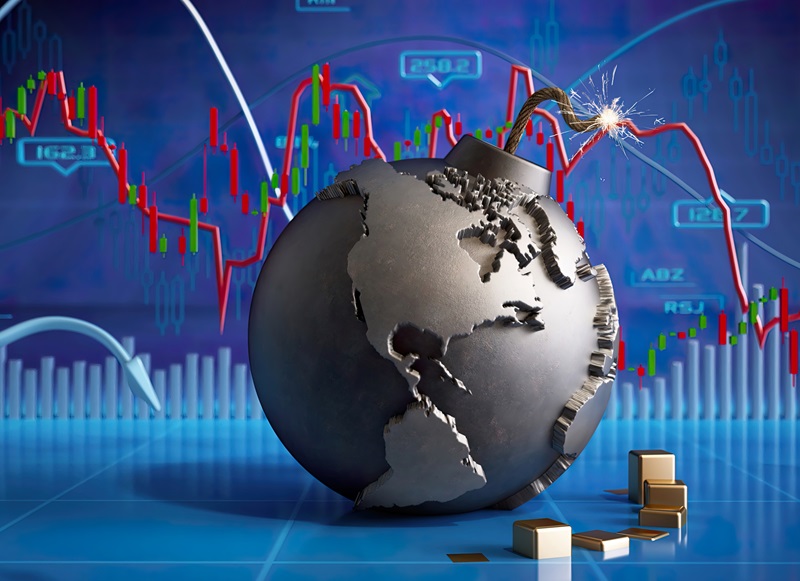 Concept of global economic uncertainty through a visually striking representation. It features a time bomb shaped like the Earth, with a burning fuse, situated against a backdrop of fluctuating financial charts, symbolizing the fragility of the worlds markets.