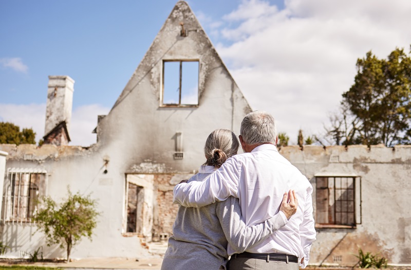 Shot of a senior couple comforting each other after losing their home to a fire