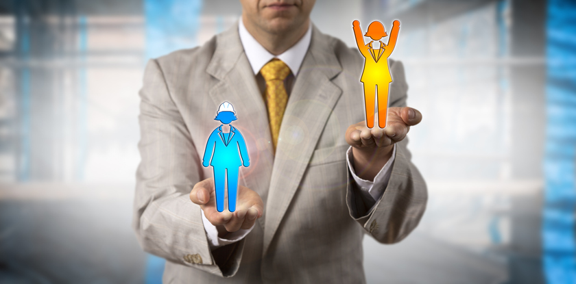 Man Raising Female Employee Above Blue Collar alternate text for this image