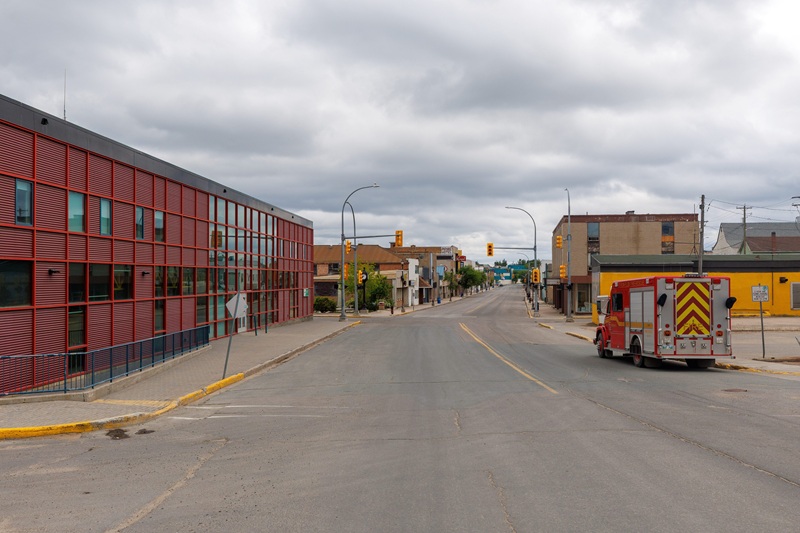 An empty street in Flin Flon, Man. following wildfires