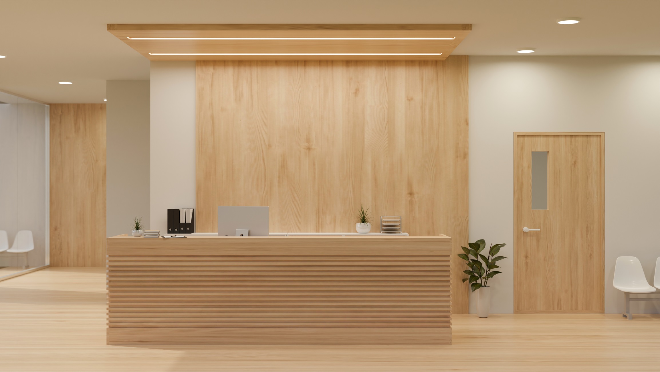 Luxury and minimalist hospital reception counter area in white and wood style with modern wood counter design, hardwood wall and floor, waiting seats and decor. 3d render, 3d illustration