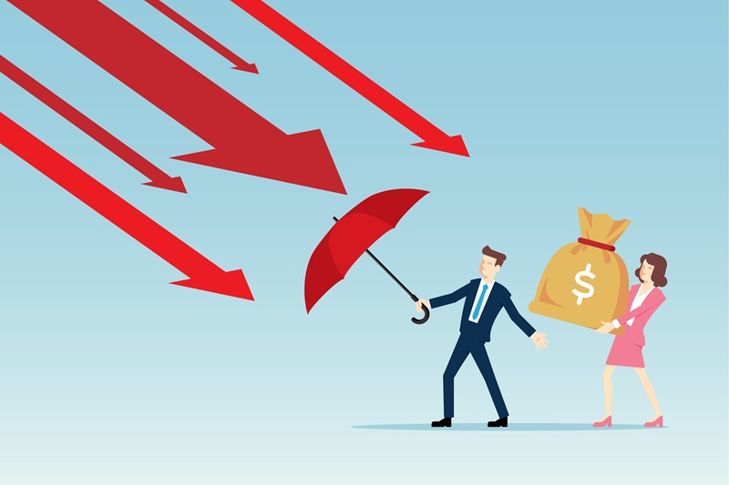 Arrows coming down on man holding umbrella, protecting a woman holding a bag of money. Reinsurance concept