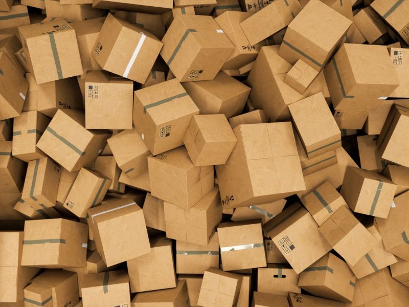 Boxes piled high in a warehouse