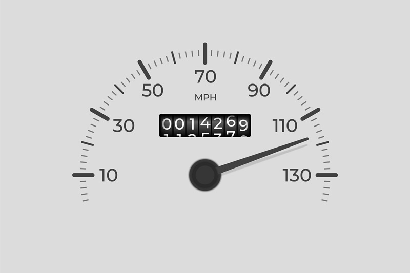 Isolated speedometer. Car mileage, measuring kilometers. Circle speed control, accelerating dashboard of autos or motorbike, recent vector background. Illustration of car mileage and speedometer