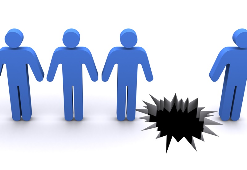 Blue abstract figure appearing in a row. A black hole between them, suggesting one figure fell into it.