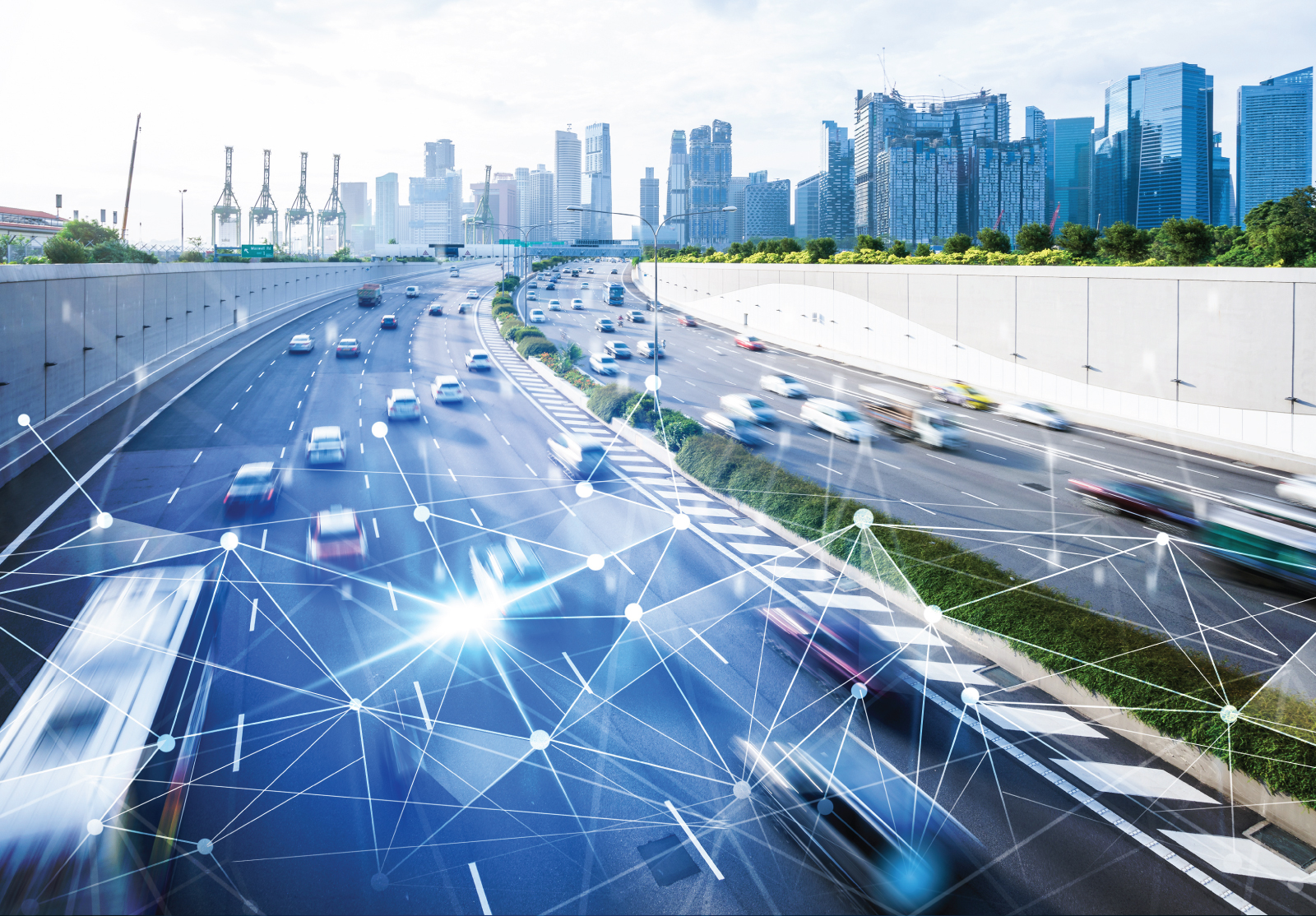 Futuristic smart driver concept showing digital data analysis for connected drivers on a highway, illustrating intelligent driver data technology.