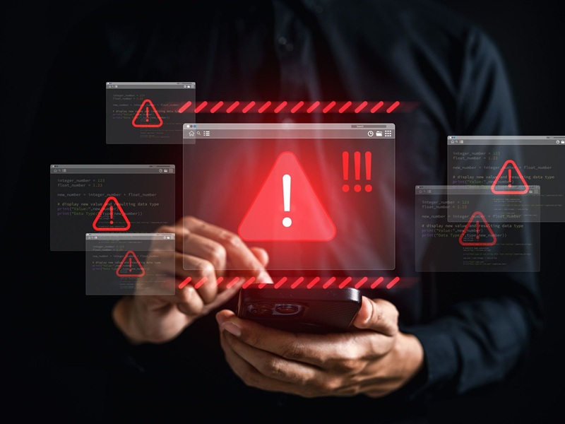 Cyber threat warning with red alert icons