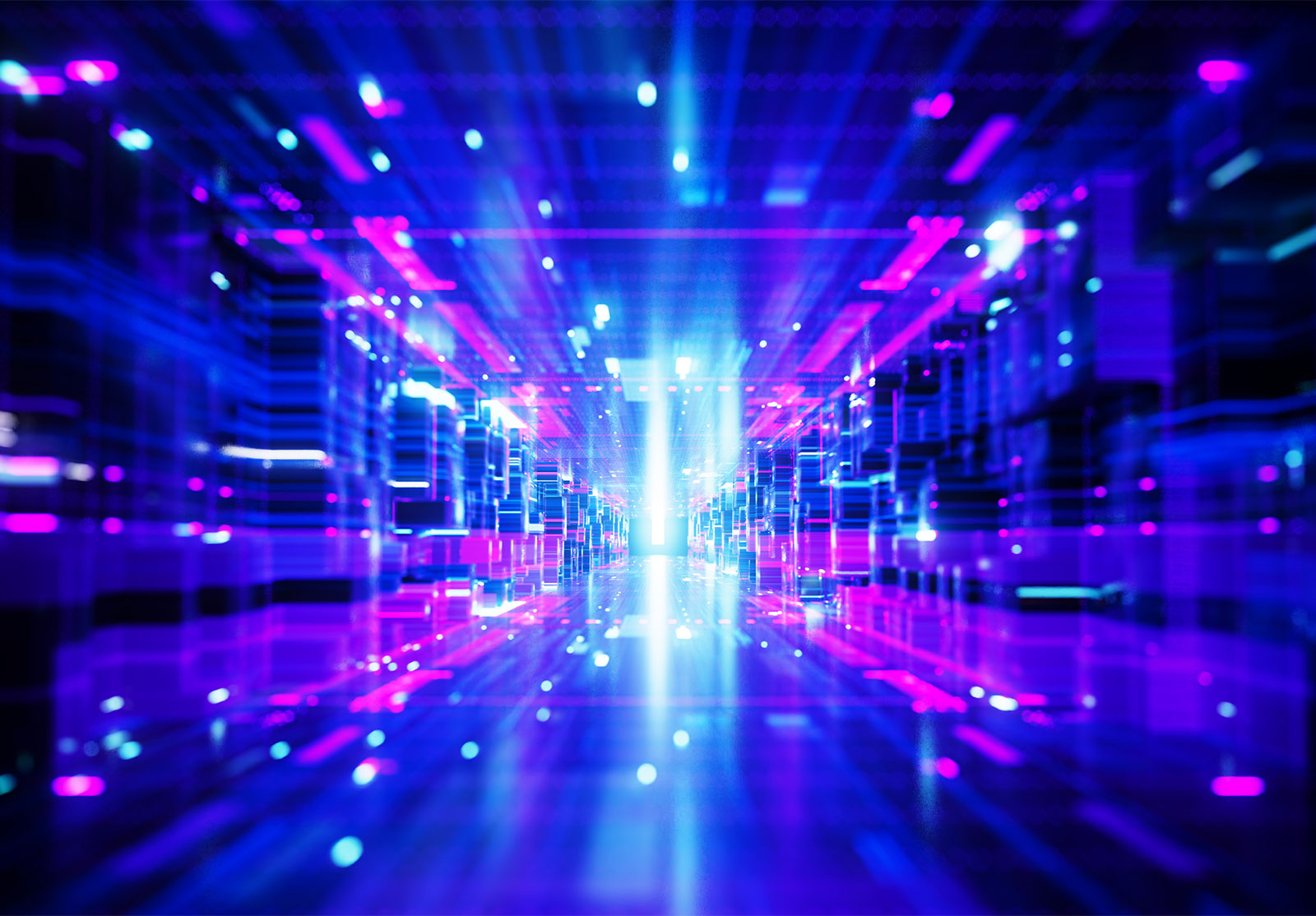 Digital futuristic corridor with neon lights in blue, purple, and pink, featuring symmetrical geometric patterns and a glowing central light. This visual aligns with concepts of AI, virtual reality, and cyber technology.