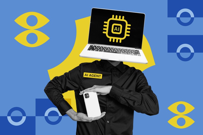 AI agent with a laptop head with AI chip icon, holding smartphone. Artificial intelligence collage concept, vibrant pop art style.