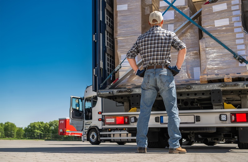 Trucker standing and looking at the rear of a trailer truck loaded with cargo.