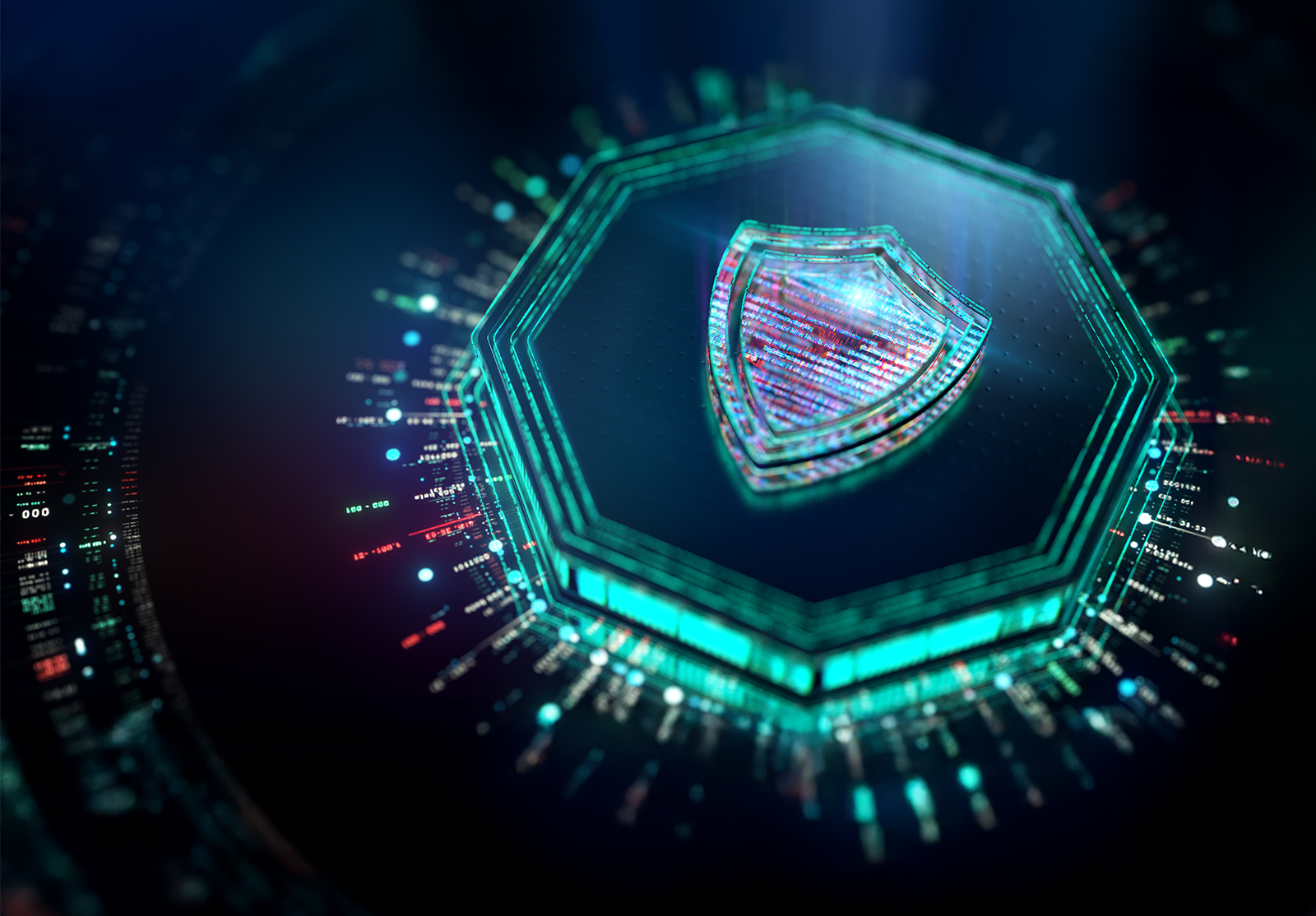 A glowing digital shield made of code is surrounded by layered hexagons and neon circuit patterns, symbolizing cybersecurity and data protection in a futuristic tech environment.