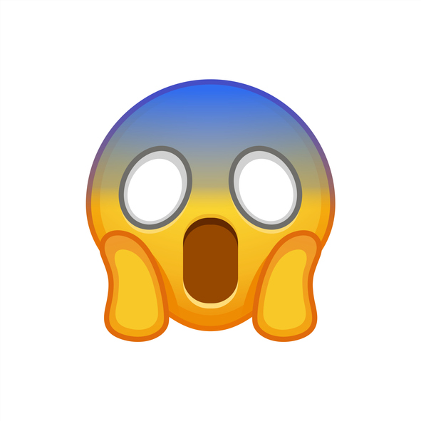 Screaming in fear emoji. Horror and fright emoticon. Yellow face with blue forehead, big scared eyes and long, open mouth. Vector 10 eps. alternate text for this image