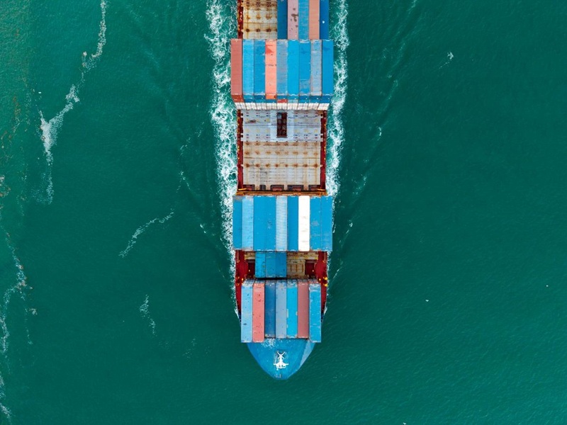 Aerial view of a cargo ship in the sea