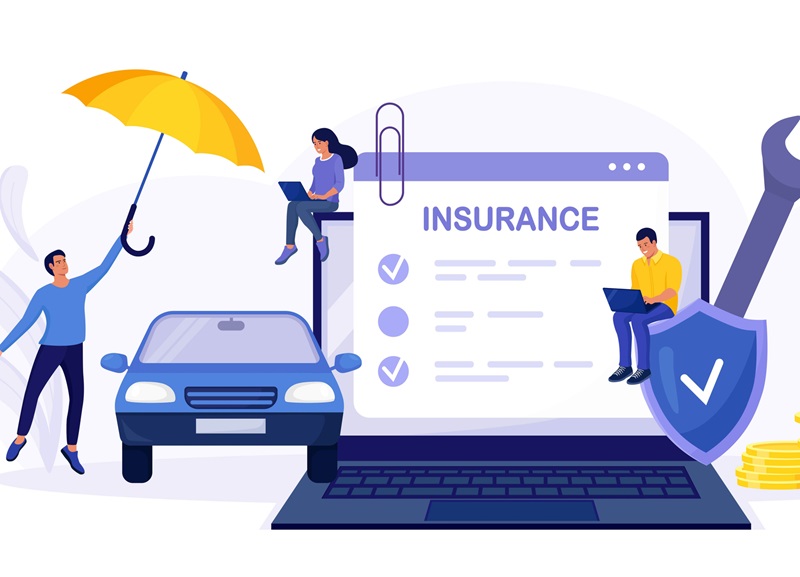 Car insurance policy form on laptop screen. Insurance agent or salesman providing security document. People buying auto, leasing. Protection, warranty of vehicle from accident, damage or collision