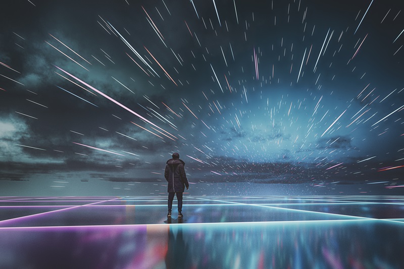 Man standing in VR environment. 3D generated image.