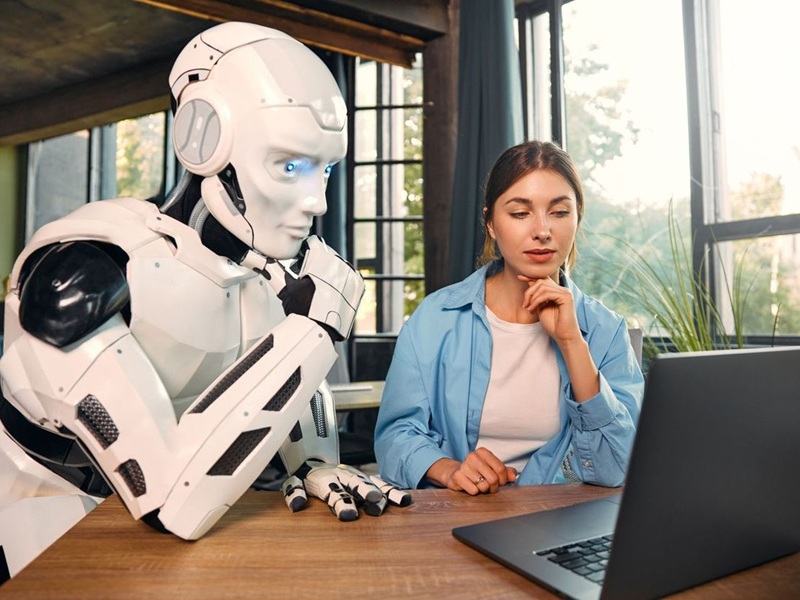 Woman and robot working together