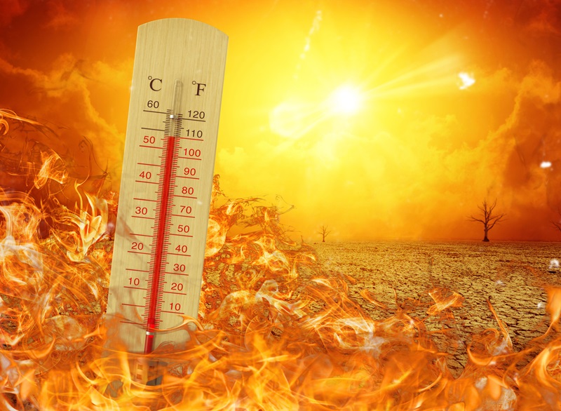 A thermometer reads extreme temperatures amidst a fiery landscape with barren trees under a blazing sun, depicting intense heat.