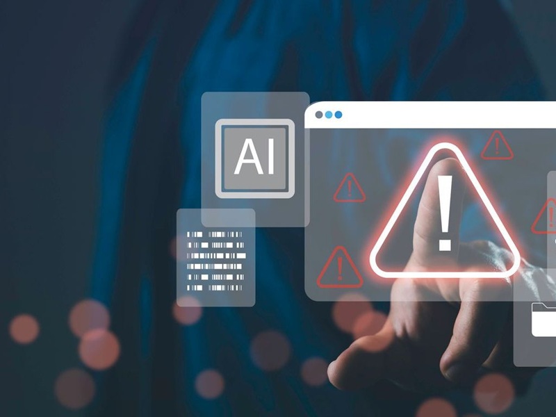 Digital warning icon with AI and data interface