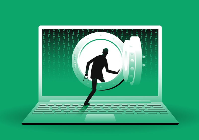 Hacker opening vault door in laptop. Hacking, data breach concept. Vector illustration.