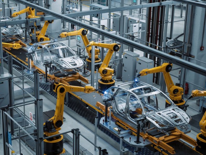 EV auto assembly line using robots