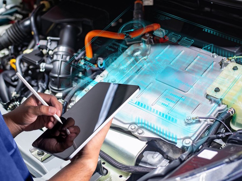 Technician using a tablet to analyze and diagnose and electric vehicle engine