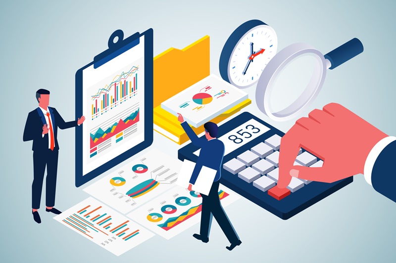 Auditing, financial management, business marketing performance statistics, calculating and analyzing financial data, isometric hand-pressing of calculator buttons to account for and tabulate various data statements