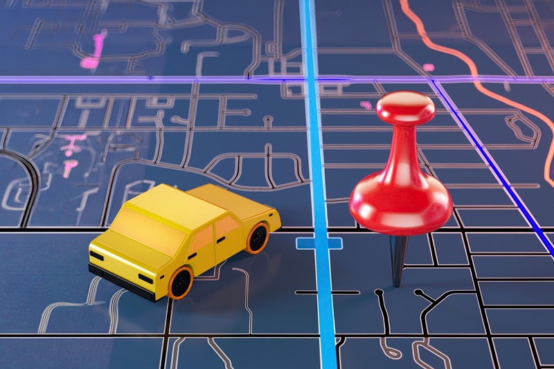 Location Pin with a Smartphone Car and Map. 3D Render