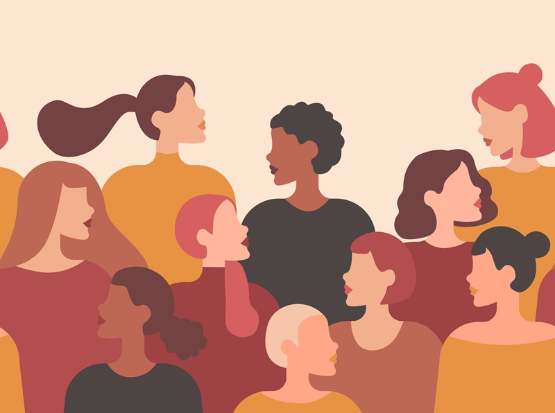 Vector greeting card with women of different nationalities and cultures. Background template for International Women's Day.