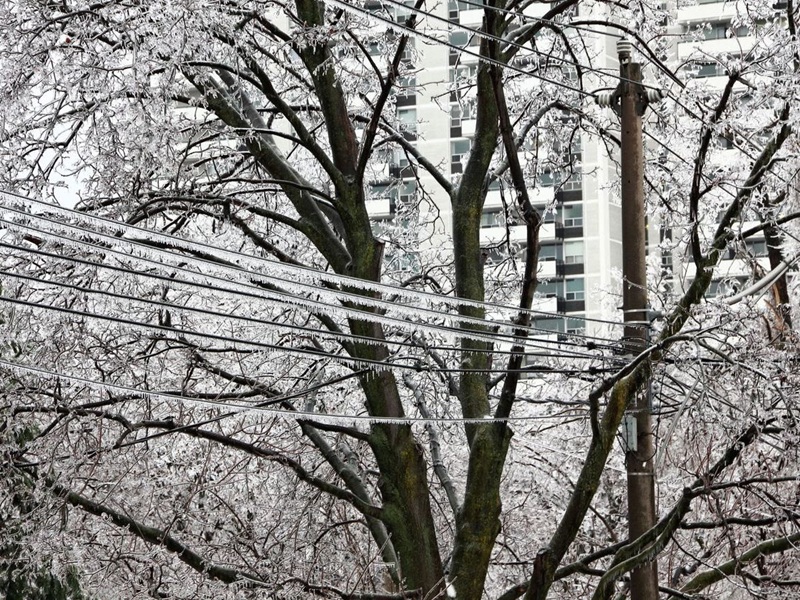 Electrical wires coated by ice during freezing rain and ice storm in Toronto.
